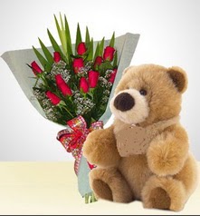 12 adet yapay g�l ve 40 cm civarinda ayi  Ankara Anadolu �i�ek sipari�i vermek 