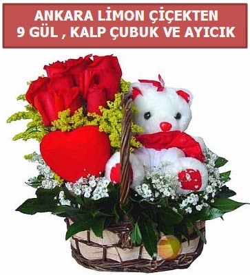 Kalp �ubuk sepette 9 g�l ve ay�c�k  Ankara Anadolu �i�ek�i telefonlar�  