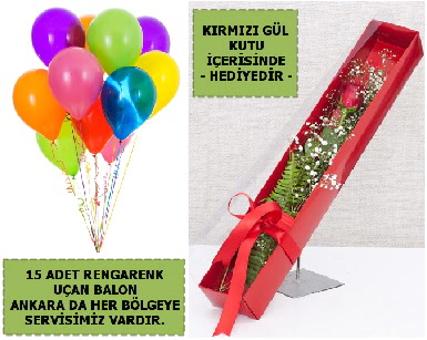 15 Adet u�an balon ve kutuda k�rm�z� g�l  Ankara Anadolu �i�ek , �i�ek�i , �i�ek�ilik 