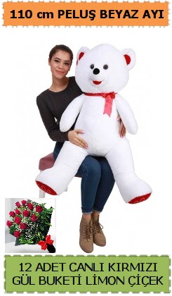 110 cm beyaz kocaman pelu� ay� ve 12 g�l  Ankara Anadolu �i�ek g�nderme 