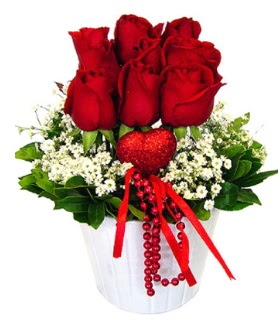 9 k�rm�z� g�l seramik ve kalp �ubuk  Ankara Anadolu �i�ek g�nderme 