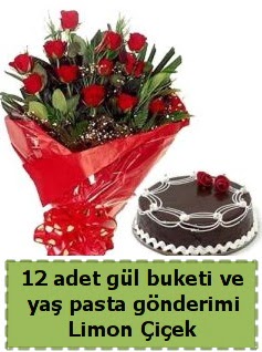 12 adet kırmızı gül buketi ve yaş pasta  Ankara Anadolu çiçek gönderme sitemiz güvenlidir 