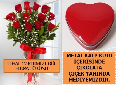 12 adet kırmızı gül ve kalp kutuda çikolata  Ankara Anadolu çiçekçi telefonları 