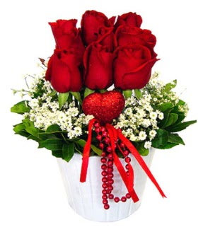9 kırmızı gül seramik ve kalp çubuk  Ankara Anadolu çiçek gönderme 