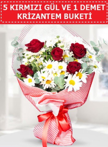 5 adet k�rm�z� g�l ve krizantem buketi  Ankara Anadolu �i�ek sat��� 